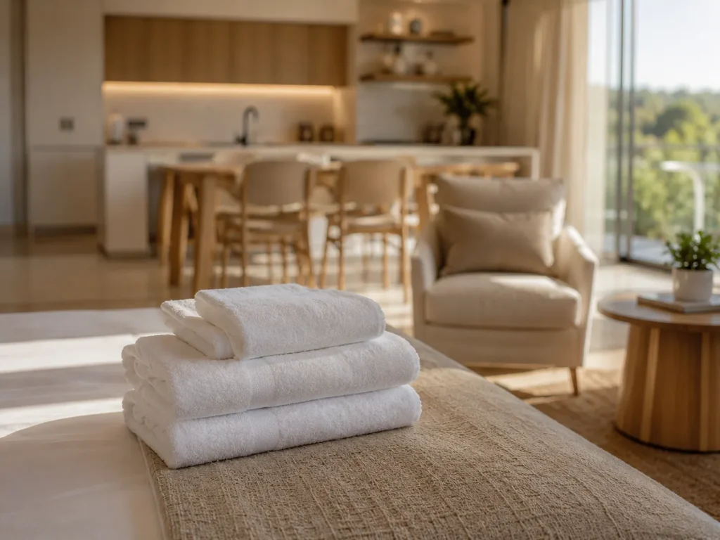 Serviettes et linge de maison repassés, posés sur un lit fait
