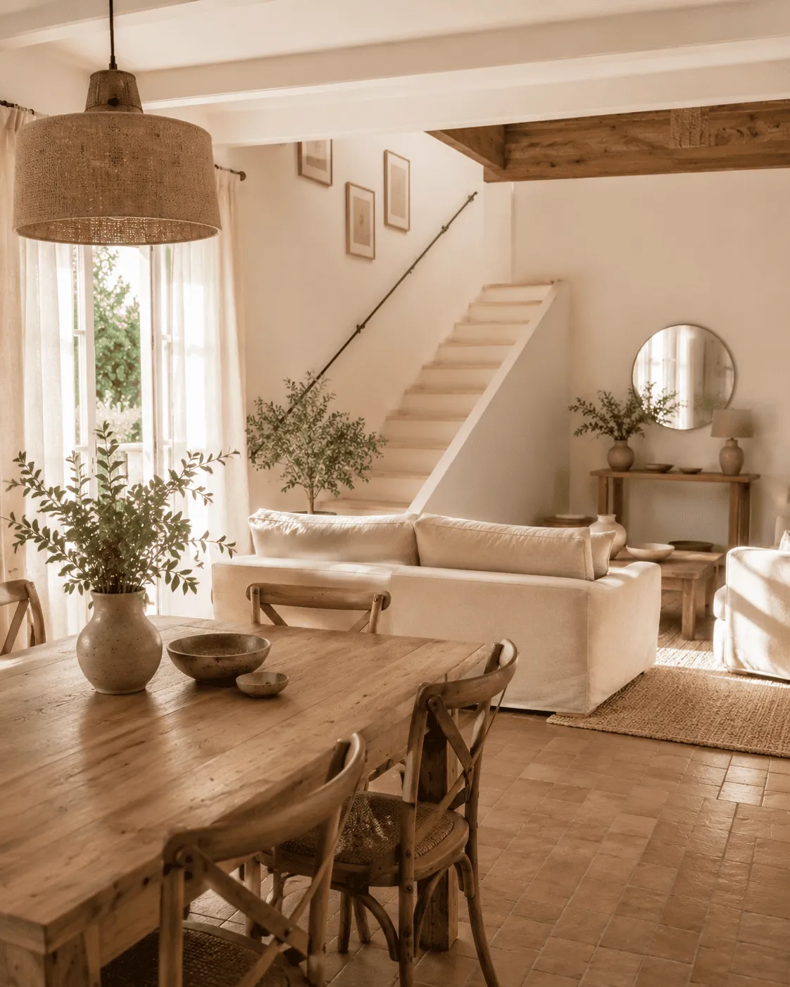 Séjour lumineux d'une location saisonnière, mobilier clair